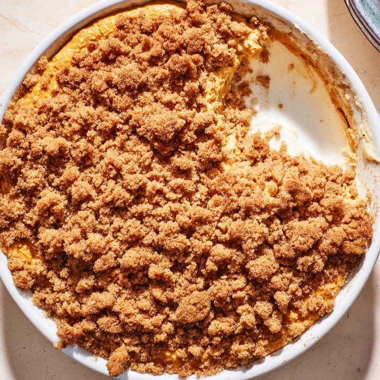 A close-up shot of the bubbly pumpkin crisp, showcasing the buttery crumble topping texture.