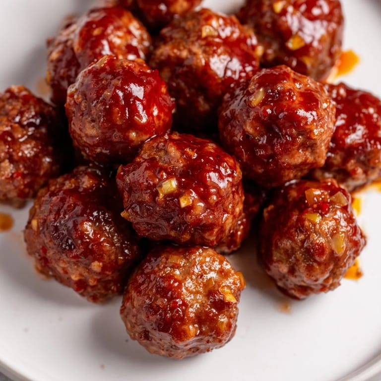 Close-up of tender, juicy cherry-glazed meatballs; a delicious party food everyone loves to eat.