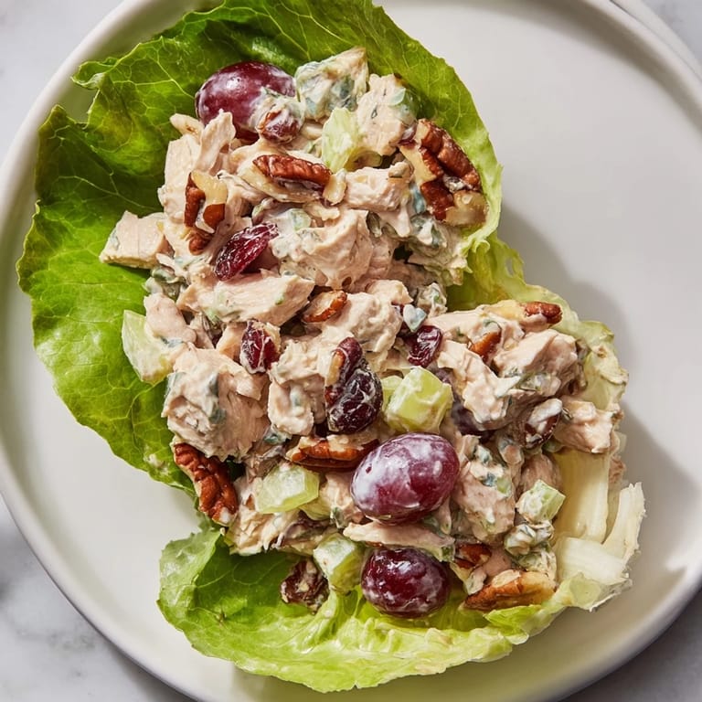 Delicious, creamy Simplified Festive Chicken Salad Cups loaded with chicken and pecans, ready to enjoy.