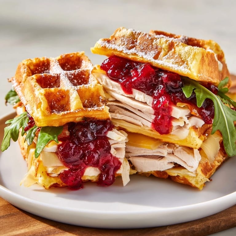 A close-up view of the delicious Easy Holiday Waffle Sandwich, showcasing warm turkey and savory toppings inside.