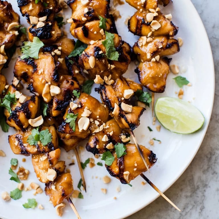 Aromatic Spicy Peanut Satay Chicken Skewers smoking on the grill, ready for your summer feast.