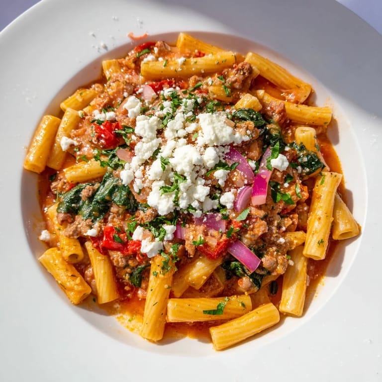 Vibrant oven-baked Mediterranean garlic & herb pasta, featuring sun-dried tomatoes and creamy feta cheese.