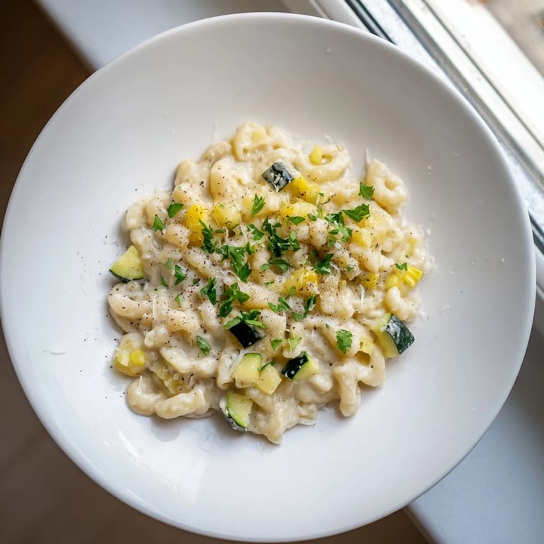 A close-up of a steaming bowl of One-Pot Creamy Zucchini Ditalini pasta, ready to eat.