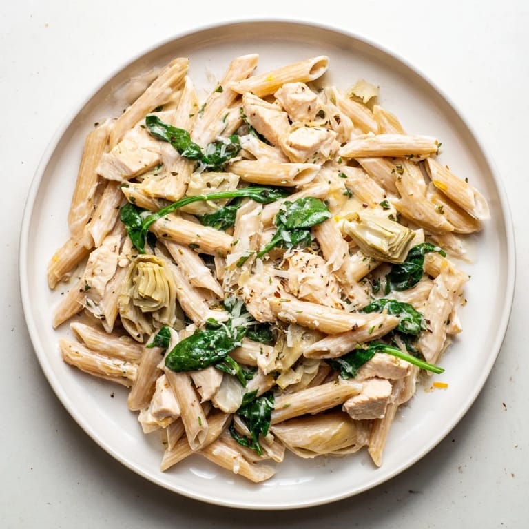 This creamy Spinach Artichoke Protein Pasta skillet features tender spinach, creamy sauce, and savory artichokes.
