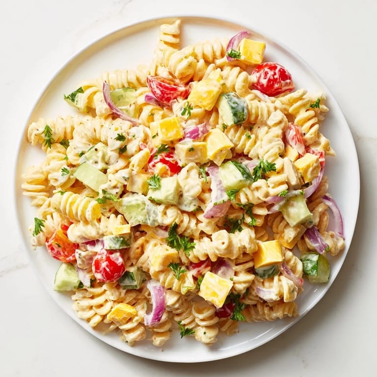 This creamy Greek Yogurt Million Dollar Christmas Pasta Salad features colorful veggies and tangy dressing.