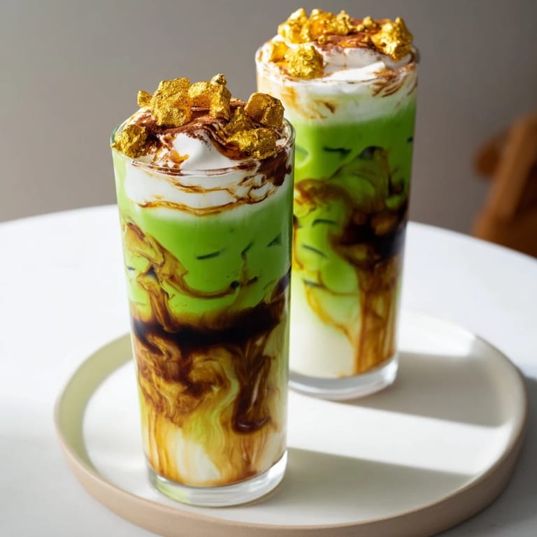 The festive Caramel Brulée Iced Matcha Christmas Coffee Dupe shows layers of matcha, coffee, and caramel, garnished with spice.