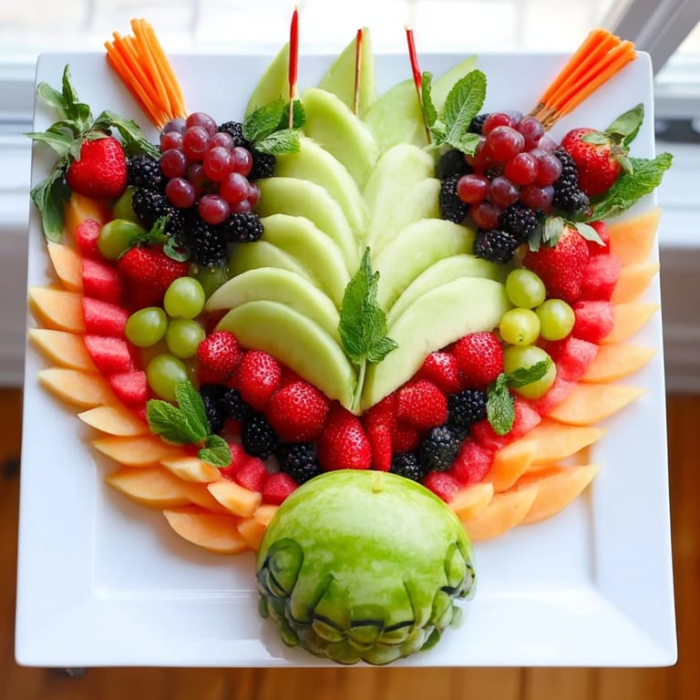 A colorful, whimsical dragon-shaped fruit tray created with watermelon, grapes, and kiwi, so refreshing.