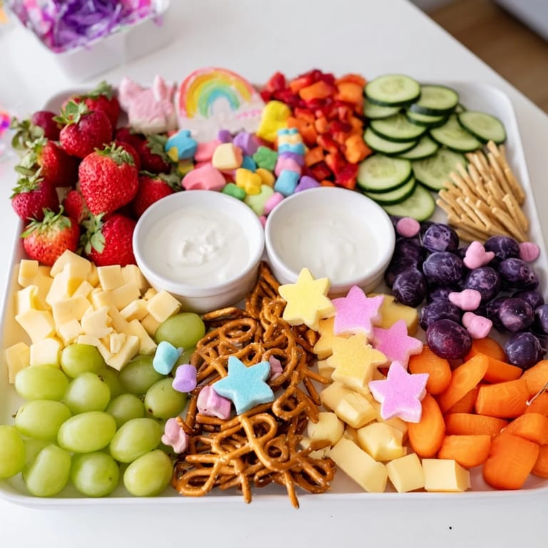 Beautifully arranged Unicorn Party Platter, a delightful mix of sweet treats and healthy veggie options.