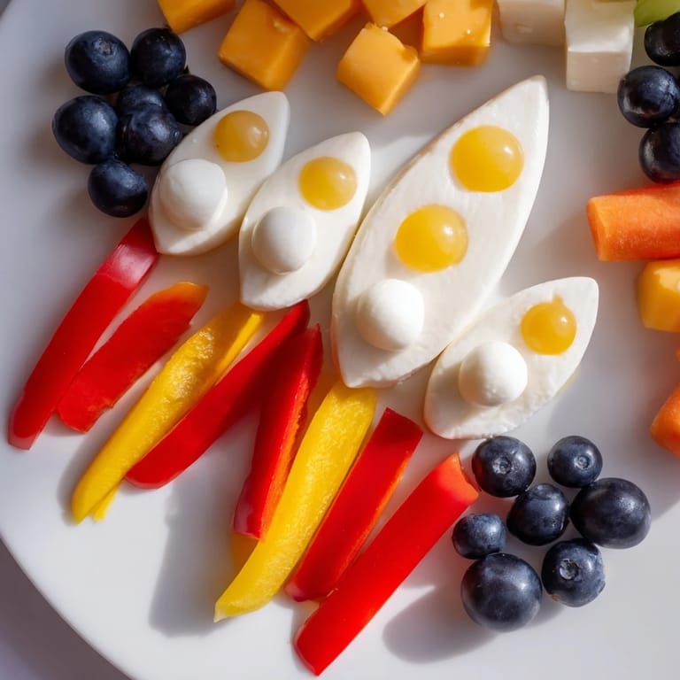 A delicious Blast Off Spaceship Snack Board arrangement, featuring cheese "spaceship" and fresh veggie dips.