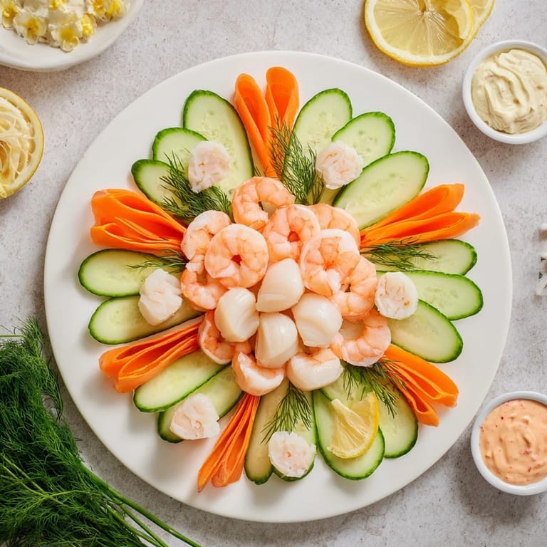 Vibrant Starfish & Shell Appetizer Board showcases seafood, fresh veggies, and creamy dips, ready for guests.