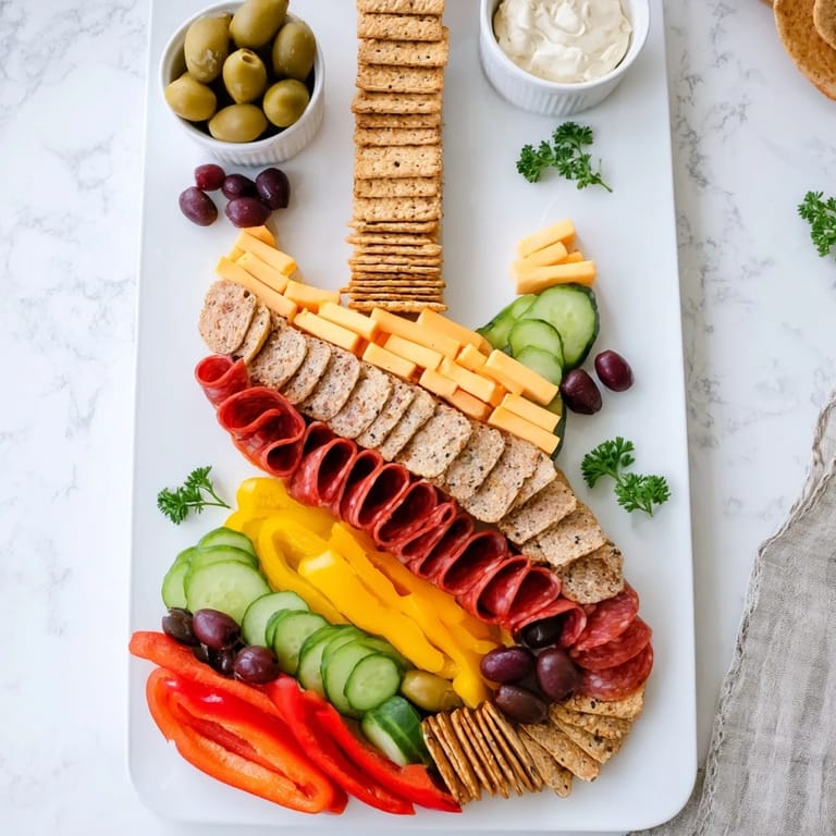 This Rock Star Guitar Snack Platter is a fun arrangement with cheese, meats, and delicious dips ready to enjoy!