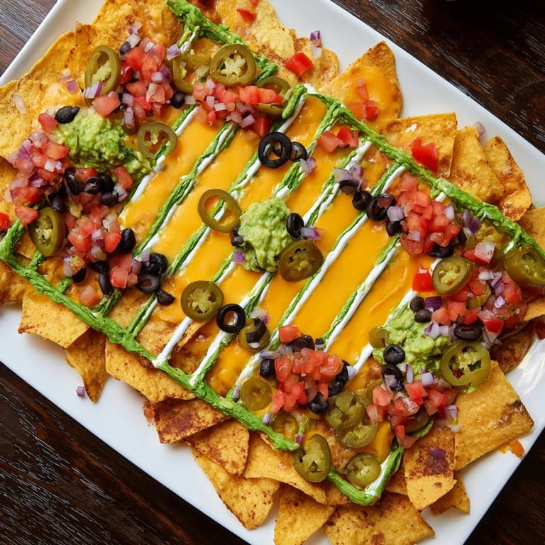 This vibrant Football Field Nacho Platter displays rich, melty cheese over tortilla chips; an ideal game-day appetizer.
