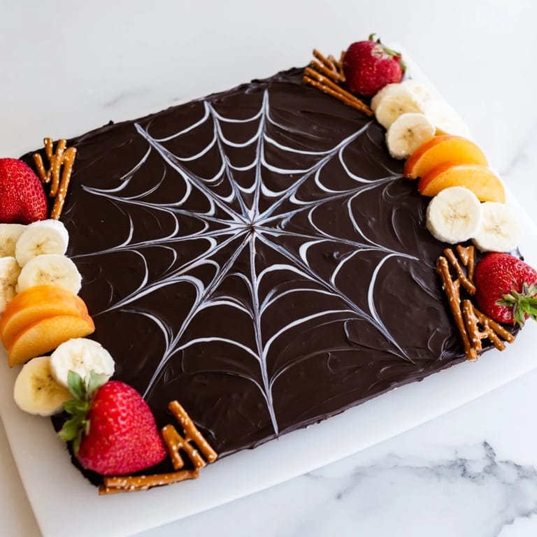 Enjoy a visually stunning Spiderweb Chocolate Ganache Board served with fresh fruit and dippable sweets.