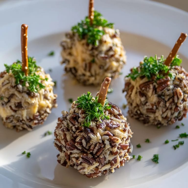 Close-up of savory acorn cheese ball bites, garnished with pretzel stems and fresh rosemary.