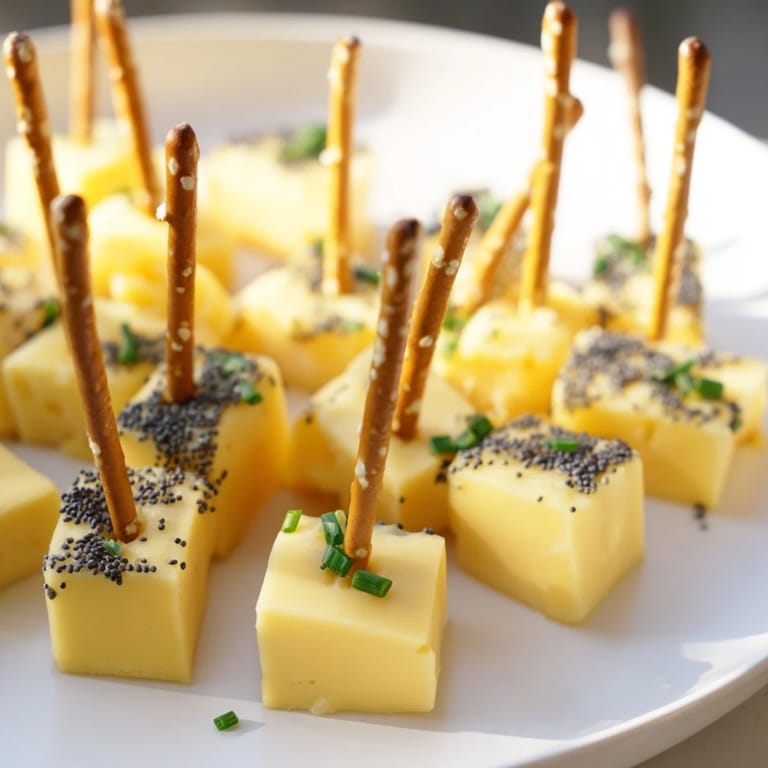Delicious bite-sized cheddar cheese sparklers with pretzel sticks, perfect for the New Year's party.