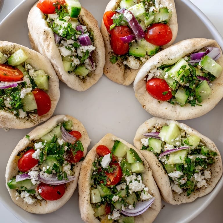 Fresh vegetables overflowing from mini pita pockets alongside beautiful hummus bowls in this Savory Board.