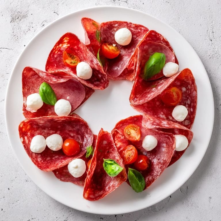 Close-up of a festive folded salami wreath appetizer, showcasing fresh basil against the red salami slices.