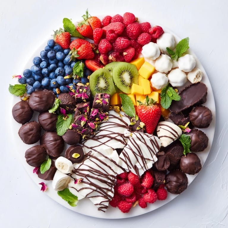 The Sweet Dessert Decadence: visually impressive dessert board with berries, brownies, and fine drizzled chocolate.
