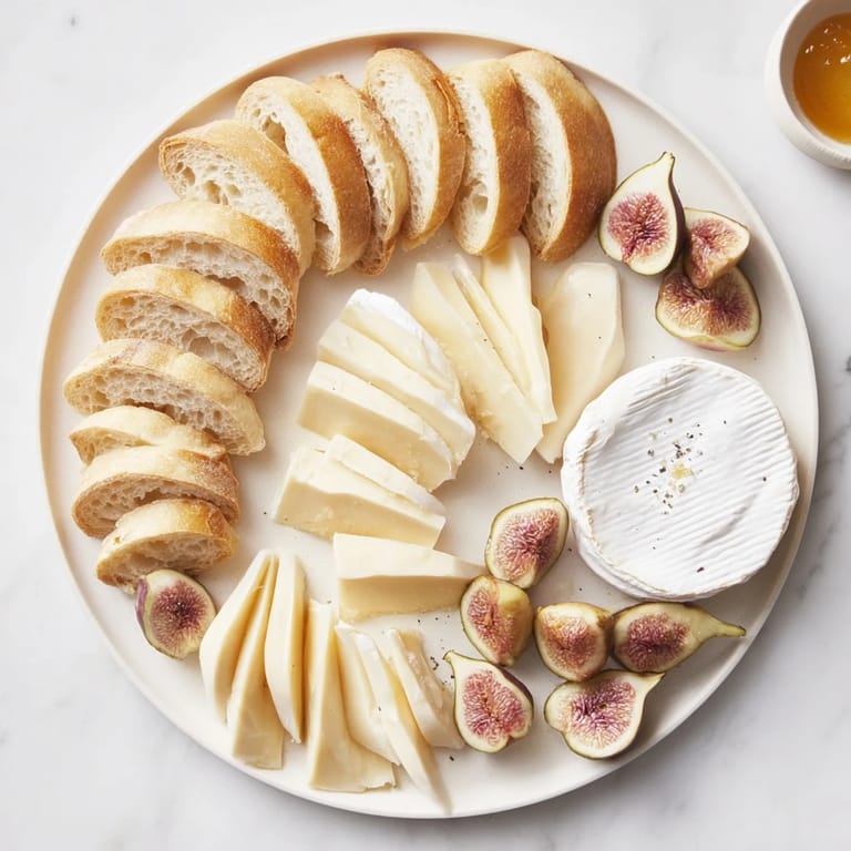 A gorgeous overhead shot showcases the French Bistro elegance: cheese, figs, and baguette slices ready to serve.