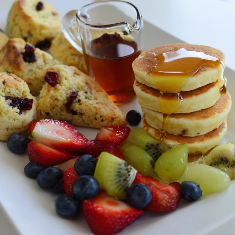A visually appealing Breakfast Brunch Board Bliss, showcasing a stunning spread of breakfast treats and colorful fruit.