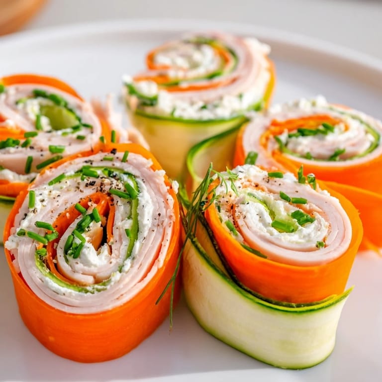 See the elegant Ribbon Dancer appetizer: turkey rolls wrapped in vibrant cucumber and carrot spirals.