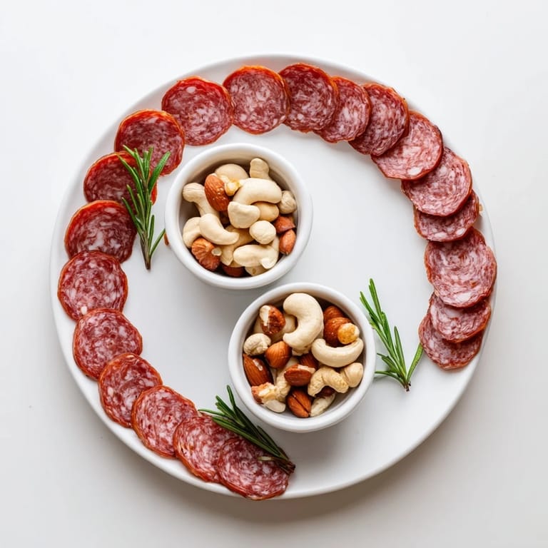 A close-up view of the delicious The Infinity Loop, showcasing salami's endless weave with nuts and herbs.