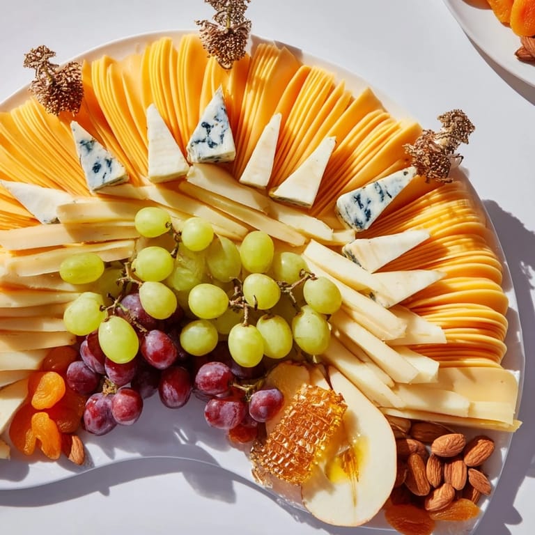 Visually stunning Art Deco Arch Cheese Platter with brie, blue cheese, nuts, and fresh colorful fruit.