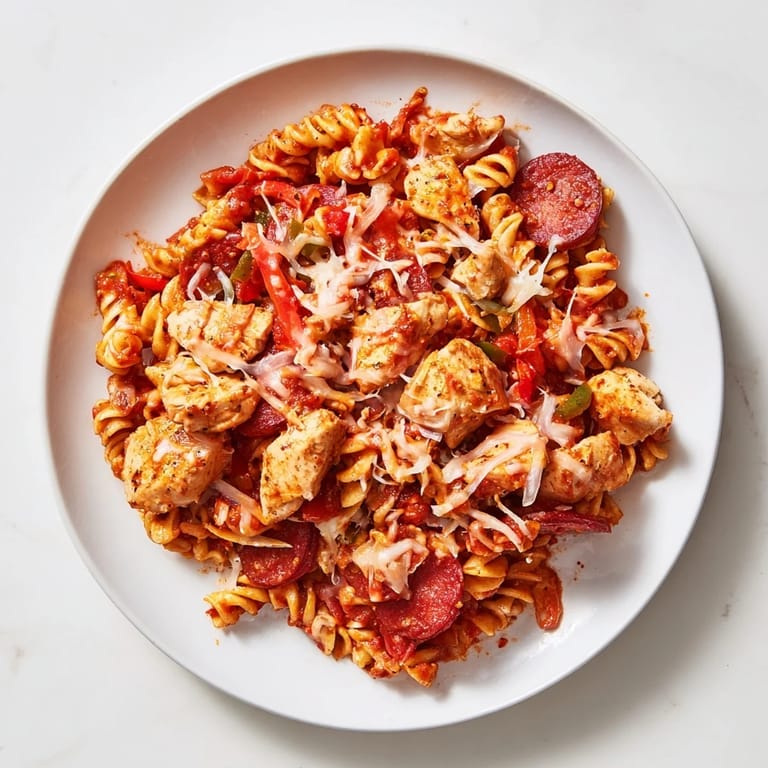 Close-up of a delicious, steaming bowl of One-Pan Pizza Pasta, ready to devour.