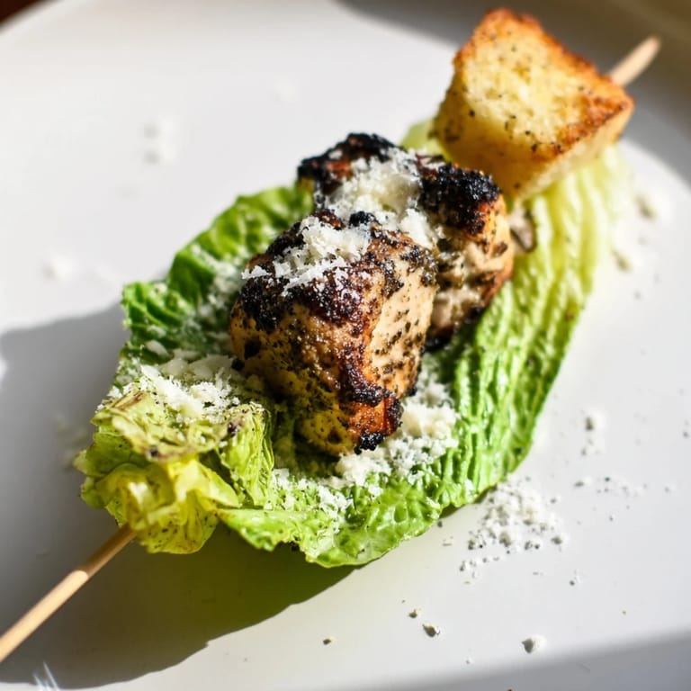 Close-up of Chicken Caesar Salad Skewers featuring perfectly grilled chicken and crunchy croutons, delicious!