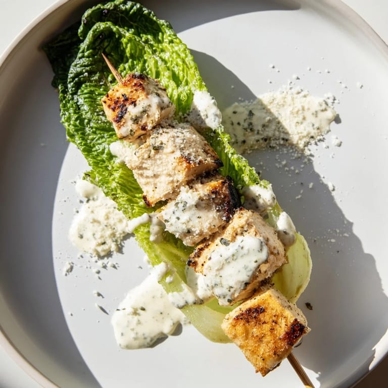 Beautifully arranged Chicken Caesar Salad Skewers displaying fresh romaine and flavorful Caesar dressing, perfect appetizer.