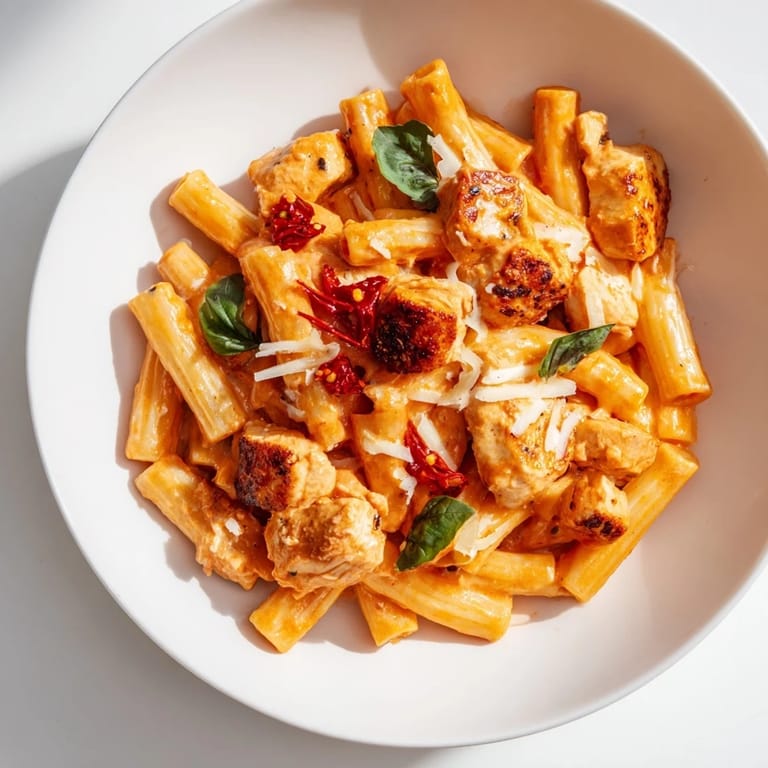 A vibrant plate of Spicy Vodka Chicken Pasta, garnished with basil and Parmesan, ready to eat.