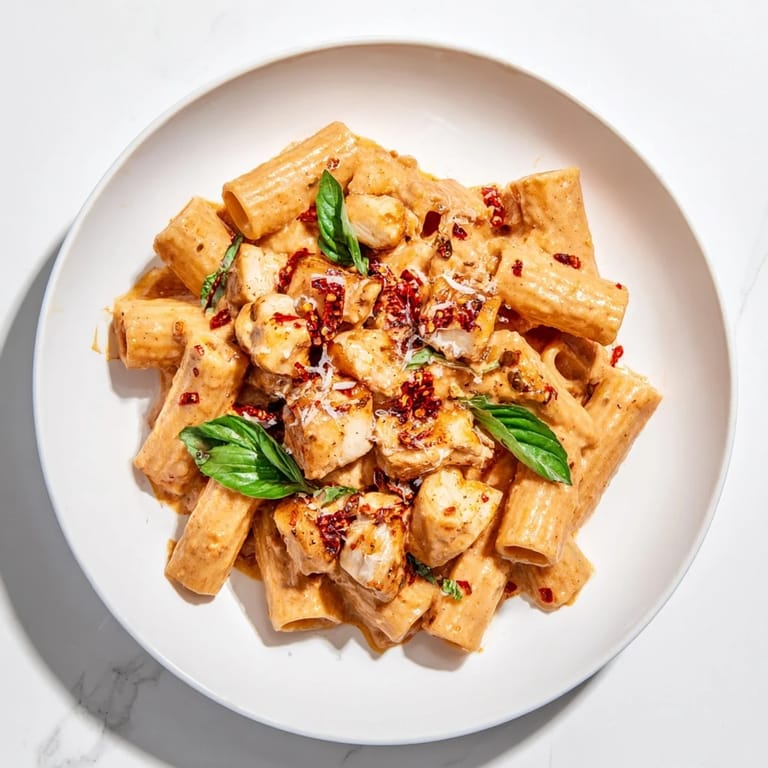 Close-up of Spicy Vodka Chicken Pasta, showcasing tender chicken pieces in a rich, red-hued sauce.