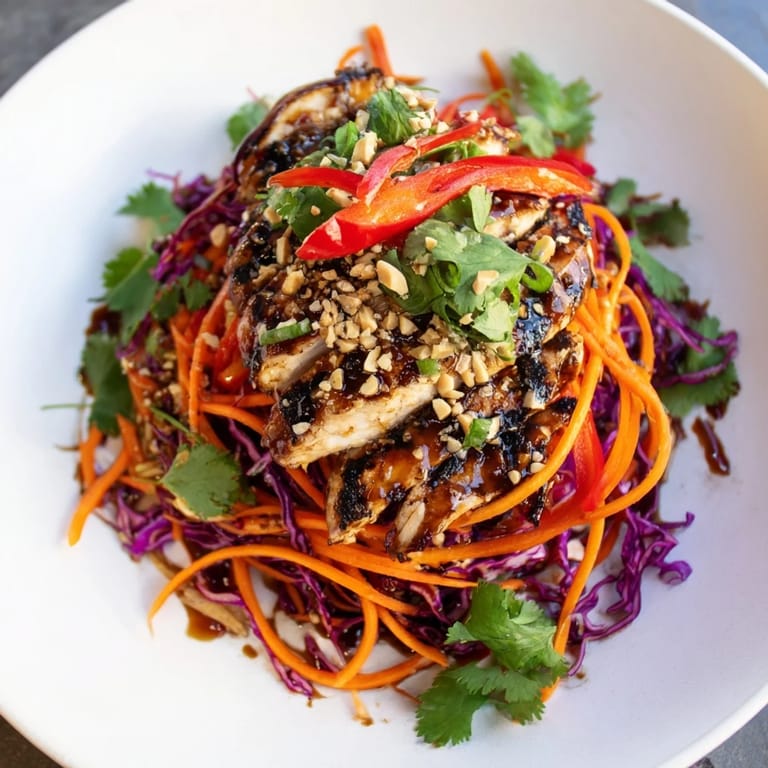 This Carrot Ribbon and Chicken Slaw offers a colorful, healthy meal with a refreshing ginger-miso dressing.