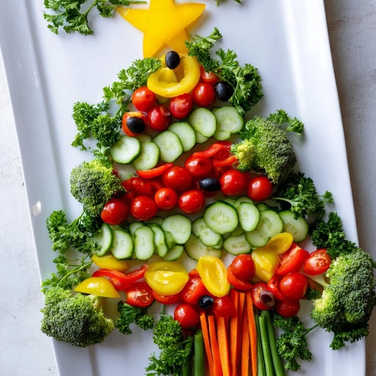 Festive Christmas veggie platter tree showcasing cucumbers, cherry tomatoes, and bell peppers, a delicious holiday appetizer.