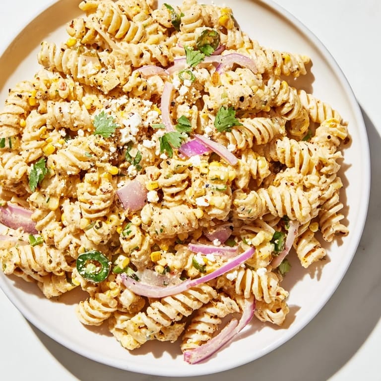 Close-up of Creamy Street Corn Pasta Salad, showing the mix of pasta, corn, and crumbled cheese.
