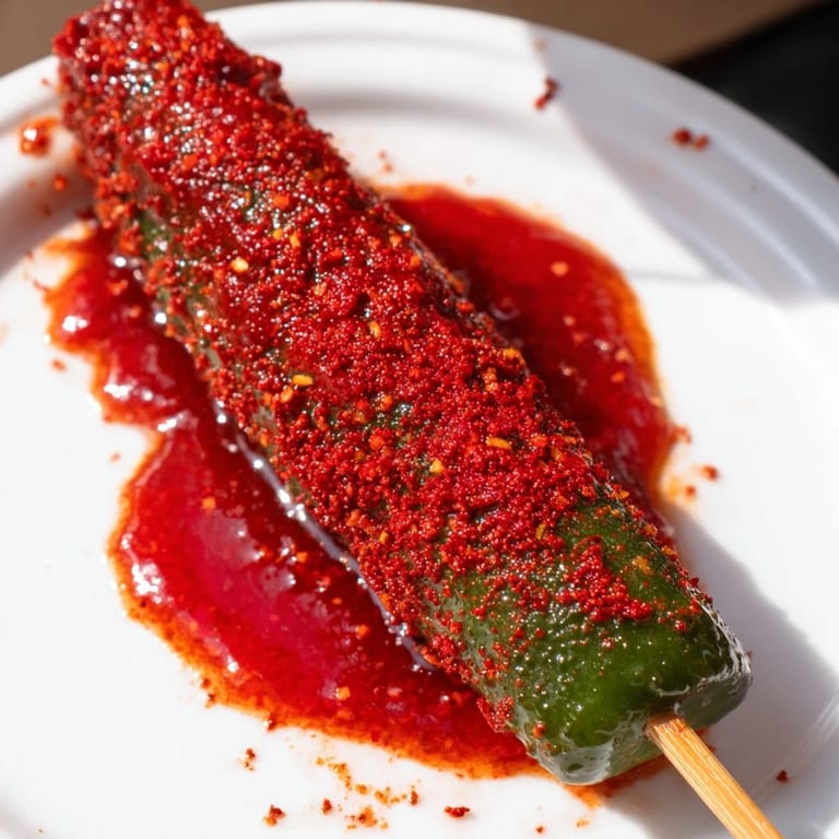 Enjoy refreshing Chamoy-Tajín pickle sticks, a delightful blend of dill pickles, chamoy, and zesty Tajín.