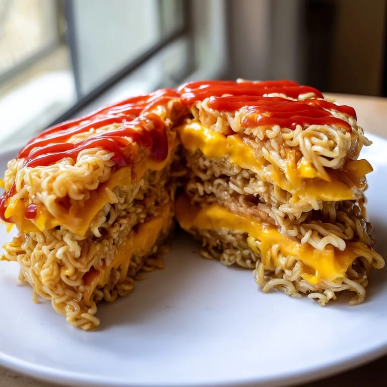 Perfectly grilled Instant Ramen Grilled Cheese with a spicy kick, showcasing gooey cheese and crunchy noodles.