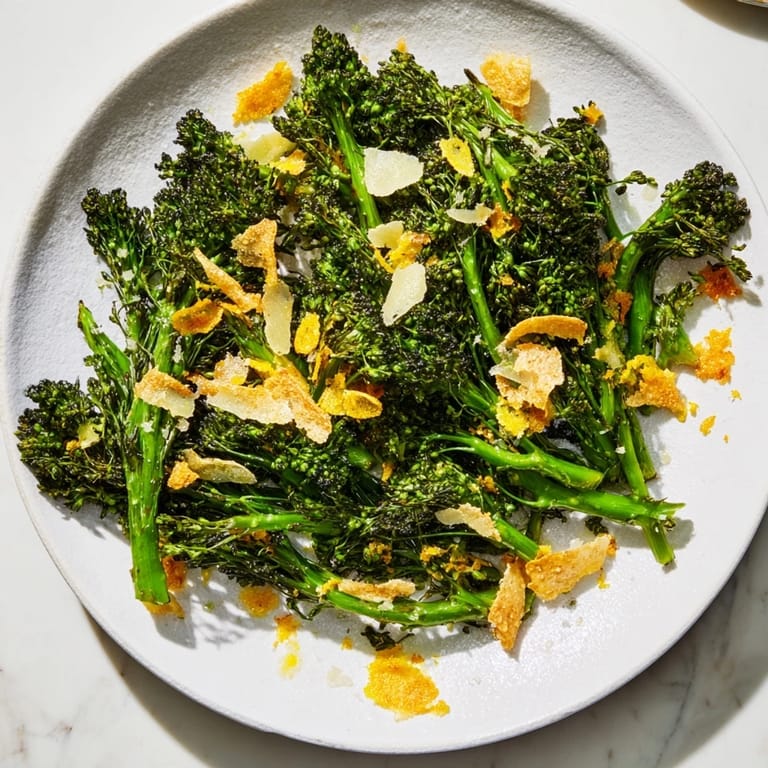 Freshly made Charred Broccolini Salad, plated and ready to eat: a bright, healthy side dish.