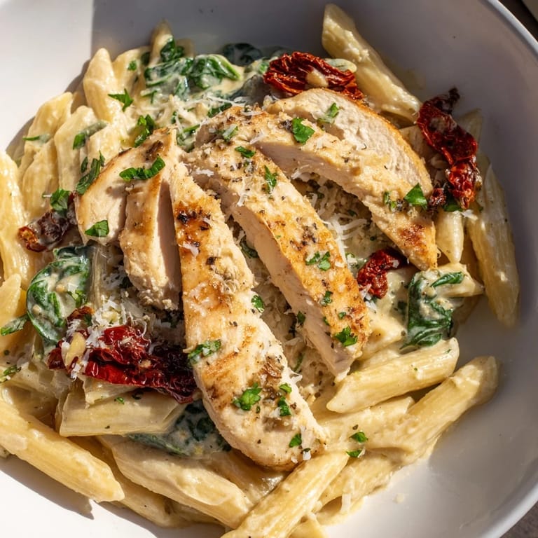 Imagine the Creamy Tuscan Chicken Pasta: a close-up of the finished dish with fresh basil scattered on top.