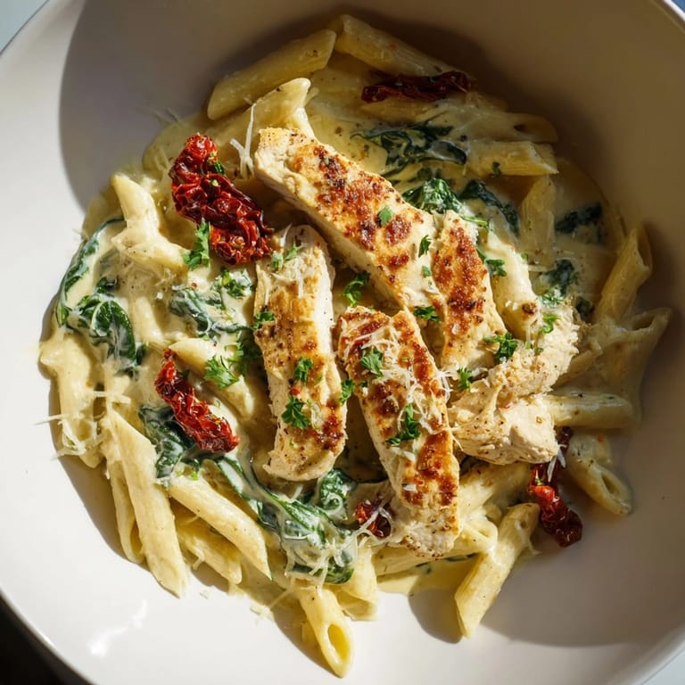 Golden chicken slices rest on creamy Creamy Tuscan Chicken Pasta, a comforting Italian-American meal.