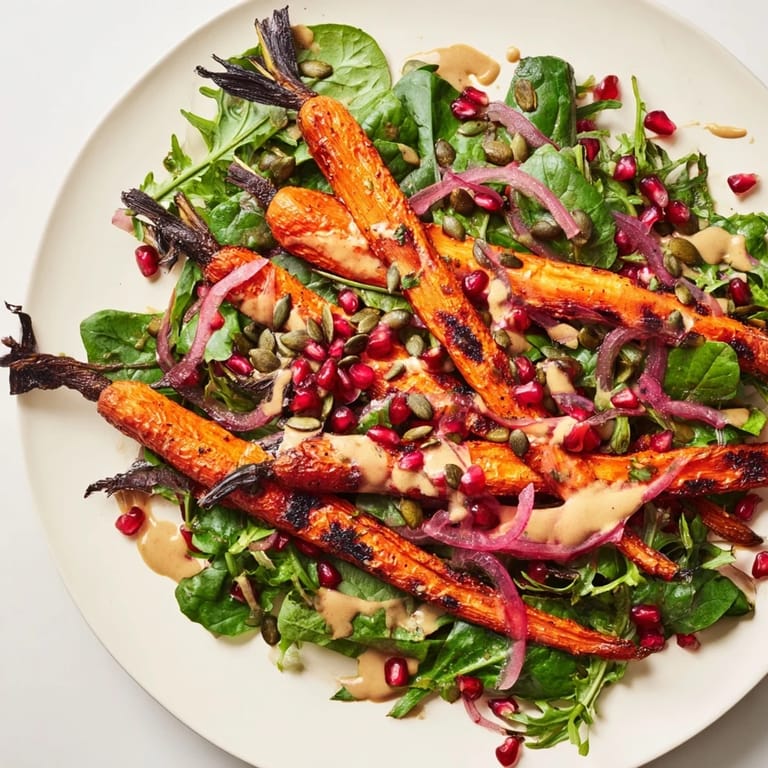 Golden roasted carrots grace a colorful plate, drizzled with tahini, this is Roasted Carrot Salad.