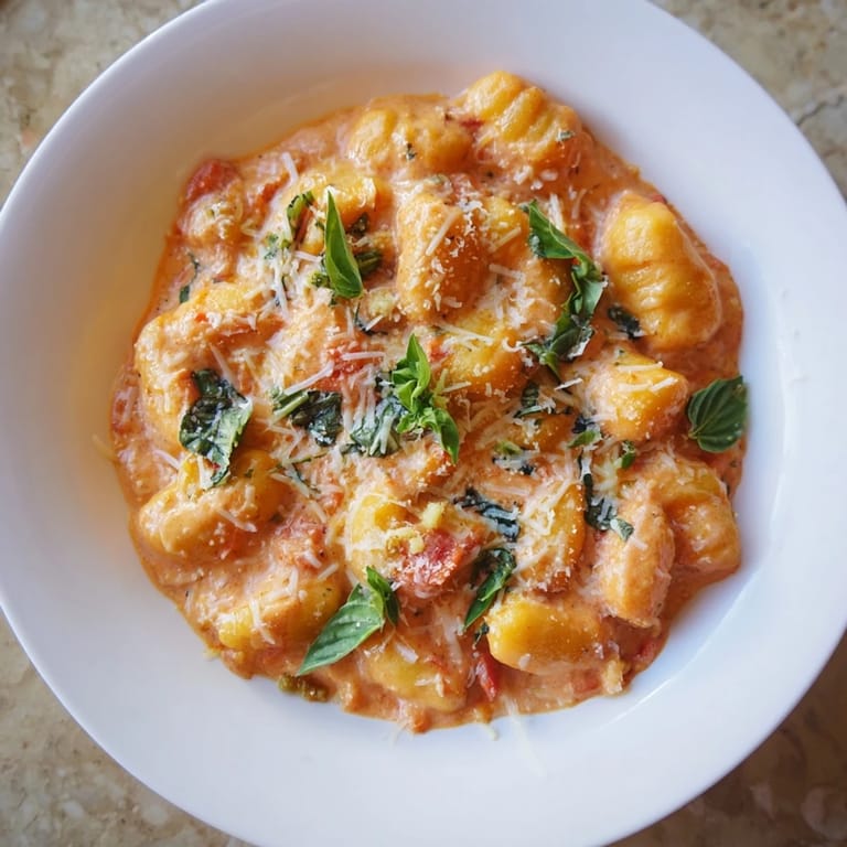 Warm, creamy tomato gnocchi, a vegetarian delight, garnished with fresh basil, smells divine right?