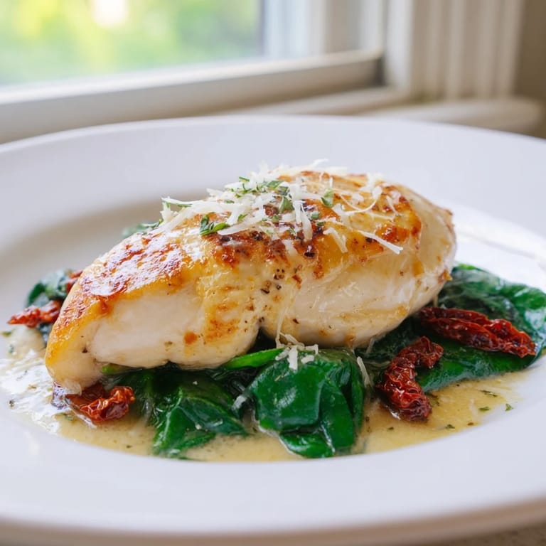 A comforting bowl of Creamy Tuscan Chicken, garnished with fresh parsley and Parmesan cheese.
