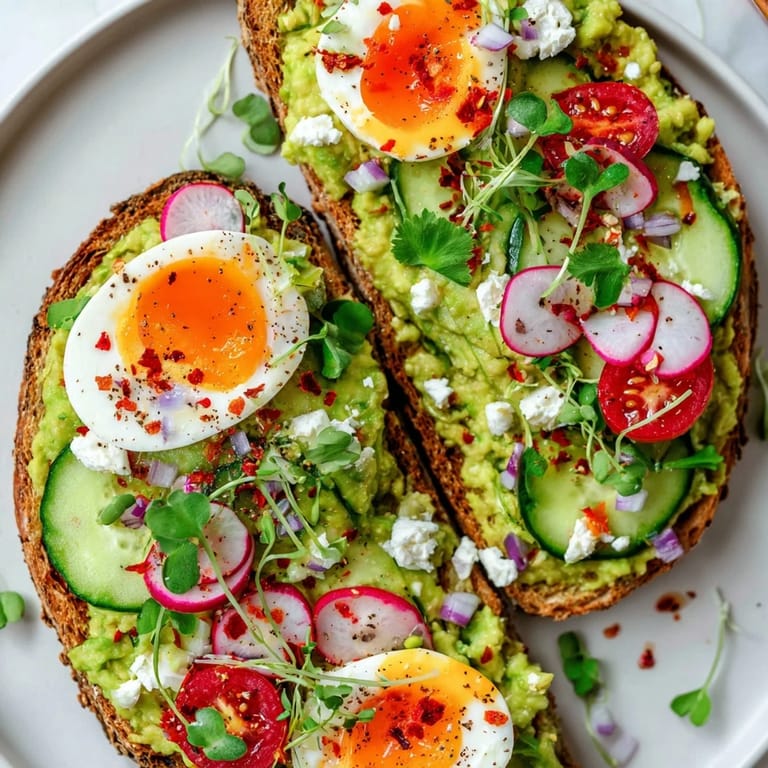 Enjoy a tempting visual of Loaded Avocado Toast, ready to eat with jammy eggs and crisp toppings.