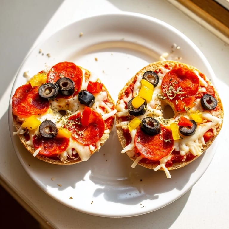 Close-up of freshly cooked mini bagel pizzas, ready to eat with a side of warm marinara.