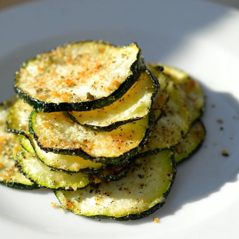 These homemade crispy zucchini chips are a healthy alternative, featuring seasoned, oven-baked vegetable slices, easy to prepare.