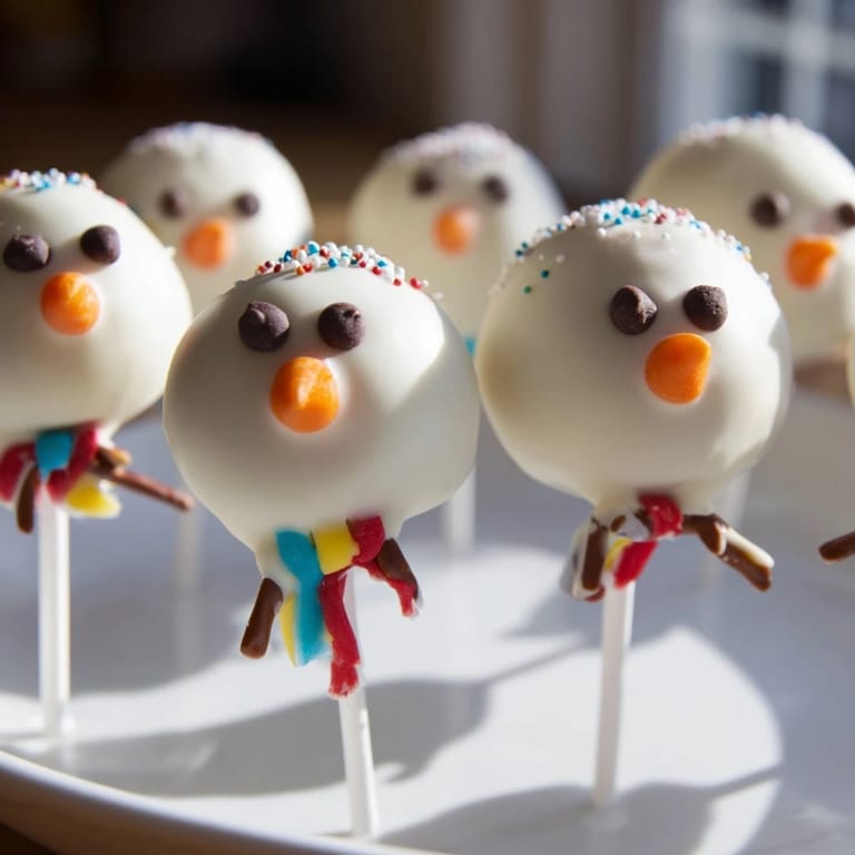 A close-up of delicious Oreo Snowman Cake Pops, decorated with chocolate chips and pretzel stick arms, perfect dessert.