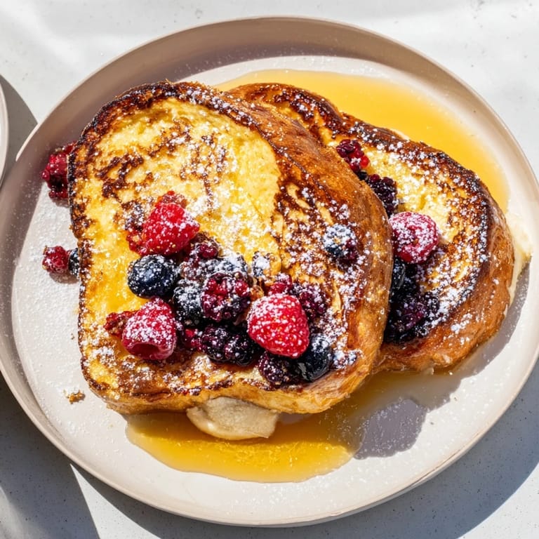 Thick slices of Ice Cream French Toast, served warm and drizzled in maple syrup.