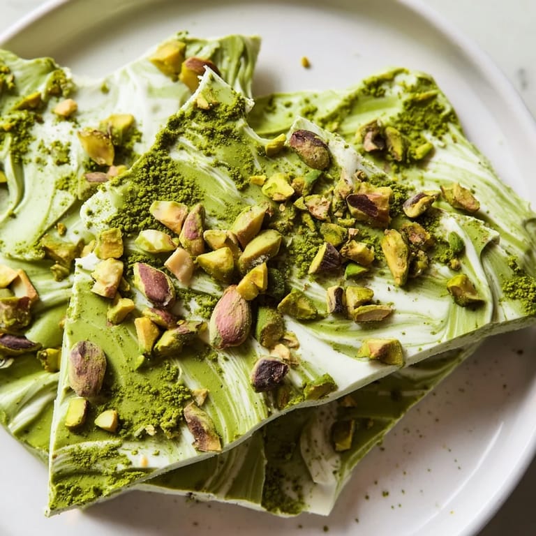Close-up of vibrant Pistachio Matcha White Chocolate bark, studded with pistachios and sea salt flakes.