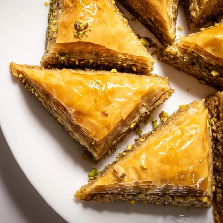 A freshly baked tray of Turkish Hazelnut & Pistachio Baklava, nuts visible, ready to be sliced.